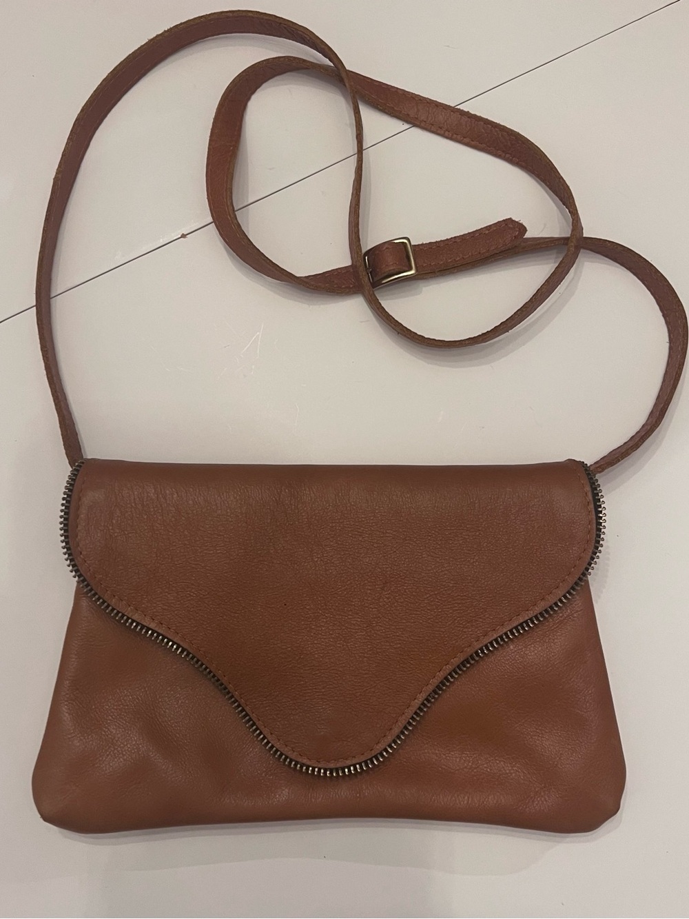JJ Winters Brown Leather Crossbody with Curved Zip Accent